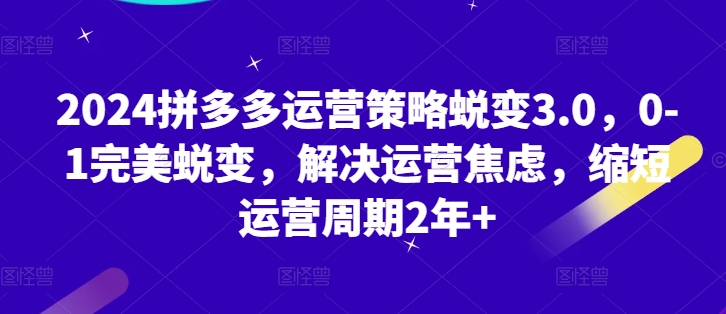 2024拼多多运营策略蜕变3.0，0-1完美蜕变，解决运营焦虑，缩短运营周期2年+-第一资源库