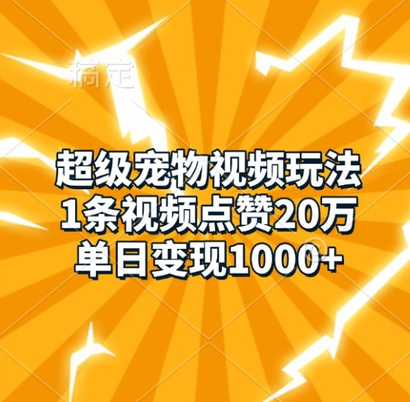 超级宠物视频玩法，1条视频点赞20万，单日变现1k-第一资源库