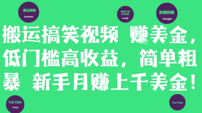 搬运搞笑视频挣美金，低门槛高收益，简单粗暴新手月入上千美刀-第一资源库